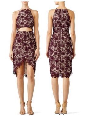 Stylestalker Burgundy and Ivory Lace Midi Dress Two-Piece